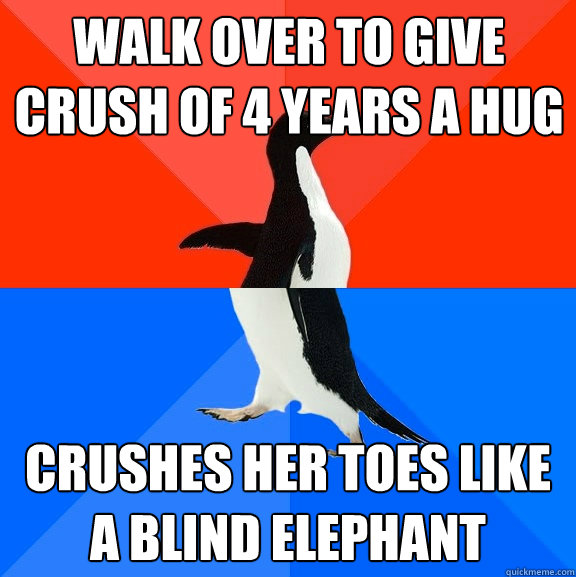Walk over to give crush of 4 years a hug Crushes her toes like a blind elephant  Socially Awesome Awkward Penguin