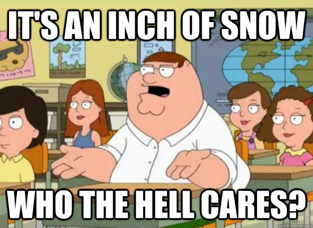 It's an inch of snow who the hell cares?  Peter Griffin Oh my god who the hell cares