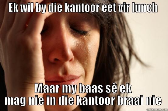 EK WIL BY DIE KANTOOR EET VIR LUNCH MAAR MY BAAS SÊ EK MAG NIE IN DIE KANTOOR BRAAI NIE First World Problems