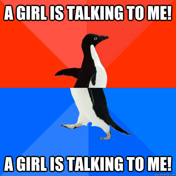 a girl is talking to me! a girl is talking to me!  Socially Awesome Awkward Penguin