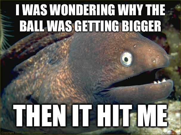 I was wondering why the ball was getting bigger  Then it hit me - I was wondering why the ball was getting bigger  Then it hit me  Bad Joke Eel