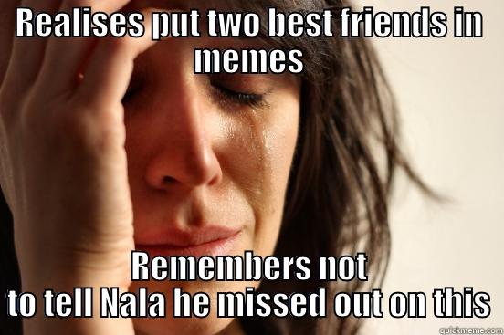 REALISES PUT TWO BEST FRIENDS IN MEMES REMEMBERS NOT TO TELL NALA HE MISSED OUT ON THIS First World Problems