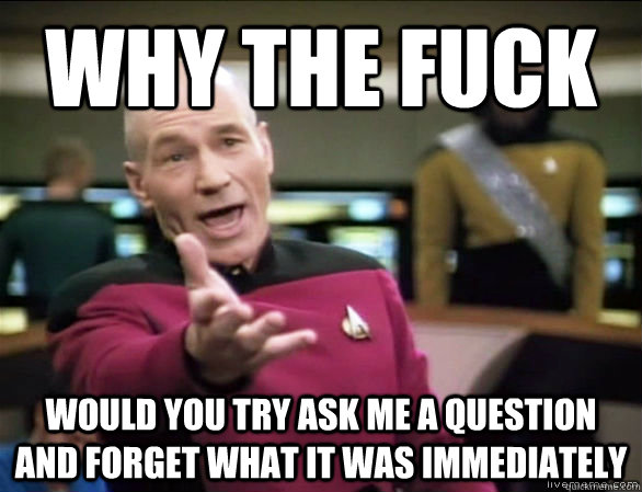 Why the fuck would you try ask me a question and forget what it was immediately   Annoyed Picard HD