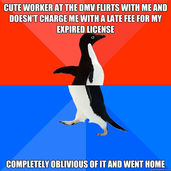 Cute worker at the dmv flirts with me and doesn't charge me with a late fee for my expired license Completely oblivious of it and went home   Socially Awesome Awkward Penguin