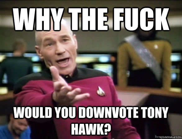 why the fuck would you downvote tony hawk?  Annoyed Picard HD