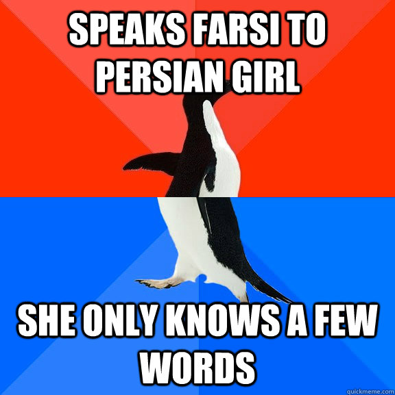 speaks farsi to persian girl she only knows a few words  Socially Awesome Awkward Penguin