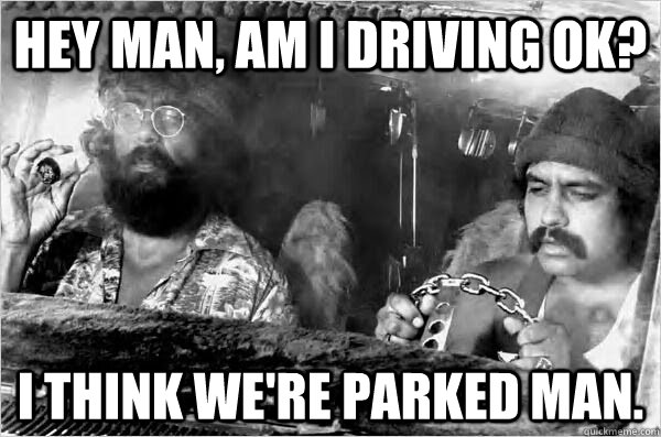 Hey man, am I driving ok? I think we're parked man.  Cheech and Chong