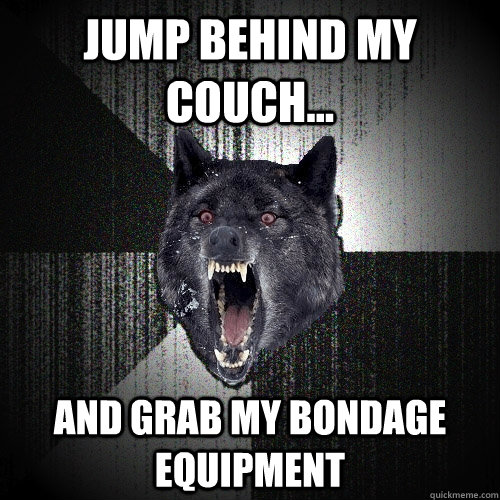 jump behind my couch... and grab my bondage equipment  Insanity Wolf