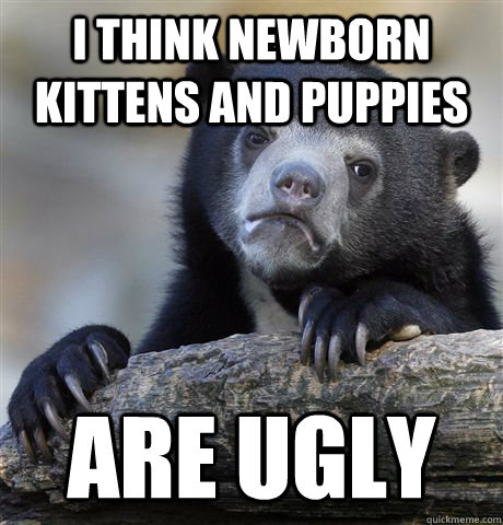 I think newborn kittens and puppies are ugly  Confession Bear