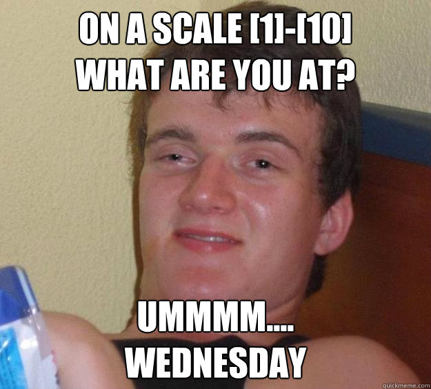 On a Scale [1]-[10]
What are you at? Ummmm....
Wednesday - On a Scale [1]-[10]
What are you at? Ummmm....
Wednesday  10 Guy