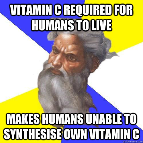 Vitamin C required for humans to live Makes humans unable to synthesise own Vitamin C  Advice God