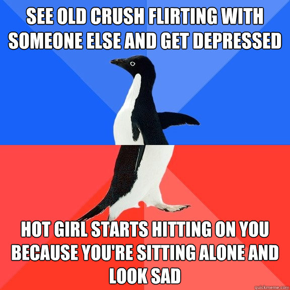 See old crush flirting with someone else and get depressed Hot girl starts hitting on you because you're sitting alone and look sad  Socially Awkward Awesome Penguin