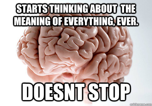 Starts thinking about  the meaning of everything, ever. DOESNT STOP  Scumbag Brain