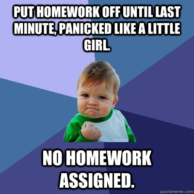 Put homework off until last minute, panicked like a little girl. No homework assigned.   Success Kid