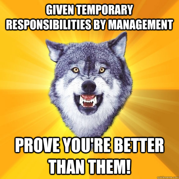 Given temporary responsibilities by management Prove you're better than them!  Courage Wolf