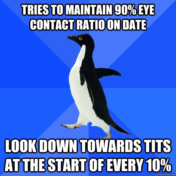 tries to maintain 90% eye contact ratio on date look down towards tits at the start of every 10%  Socially Awkward Penguin