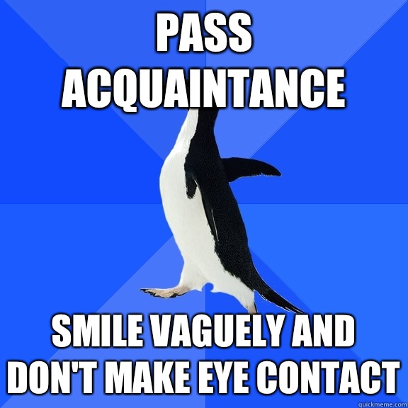 Pass acquaintance Smile vaguely and don't make eye contact  Socially Awkward Penguin