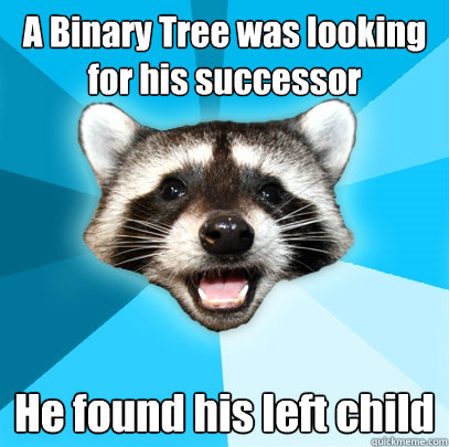 A Binary Tree was looking for his successor He found his left child  Lame Pun Coon