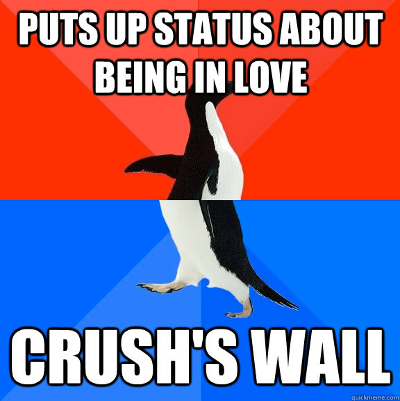 Puts up status about being in love  crush's wall  Socially Awesome Awkward Penguin