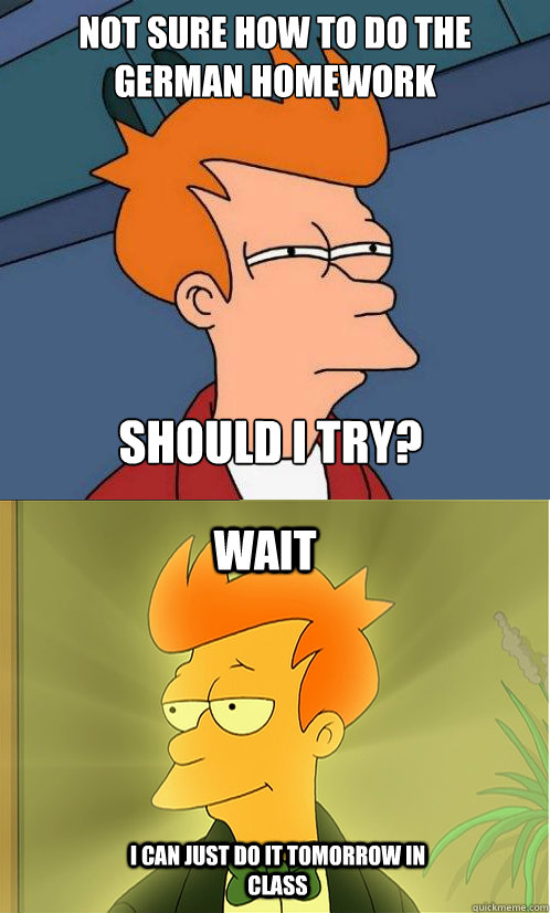 not sure how to do the german homework should i try? wait i can just do it tomorrow in class   Enlightened Fry