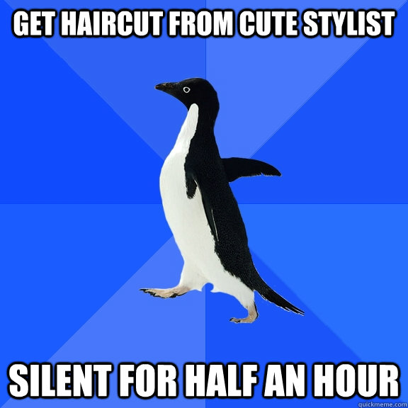 Get haircut from cute stylist silent for half an hour  Socially Awkward Penguin