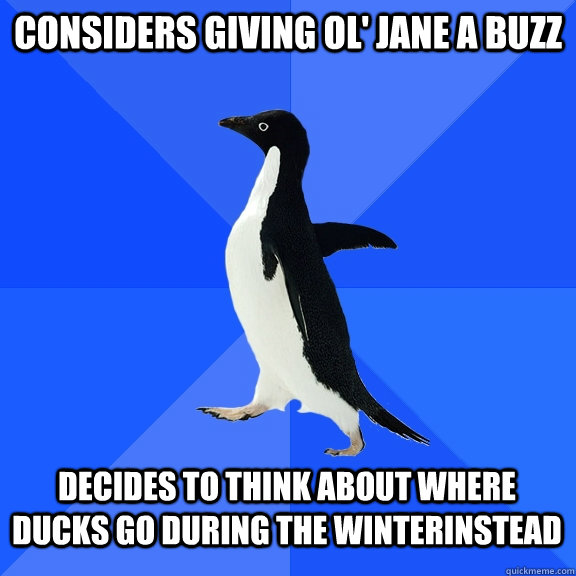 Considers giving ol' jane a buzz decides to think about where ducks go during the winterinstead  Socially Awkward Penguin