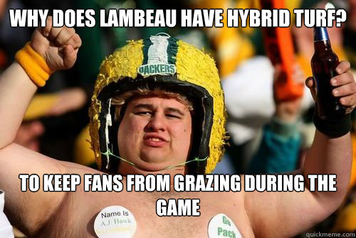 Why does Lambeau have hybrid turf? To keep fans from grazing during the game  packers suck