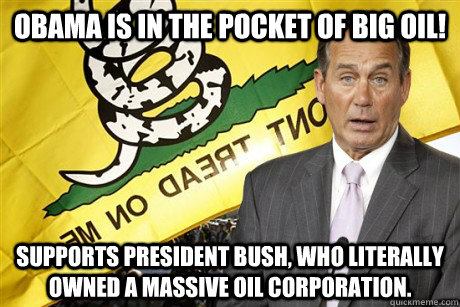 Obama is in the pocket of big oil! Supports president bush, who literally owned a massive oil corporation.  Typical Conservative