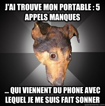 J'ai trouve mon portable : 5 appels manques ... qui viennent du phone avec lequel je me suis fait sonner  Depression Dog