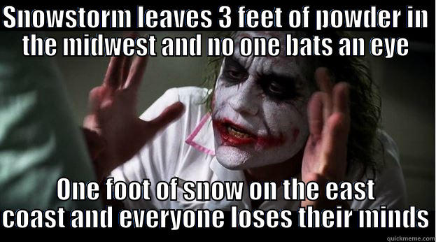 SNOWSTORM LEAVES 3 FEET OF POWDER IN THE MIDWEST AND NO ONE BATS AN EYE ONE FOOT OF SNOW ON THE EAST COAST AND EVERYONE LOSES THEIR MINDS Joker Mind Loss