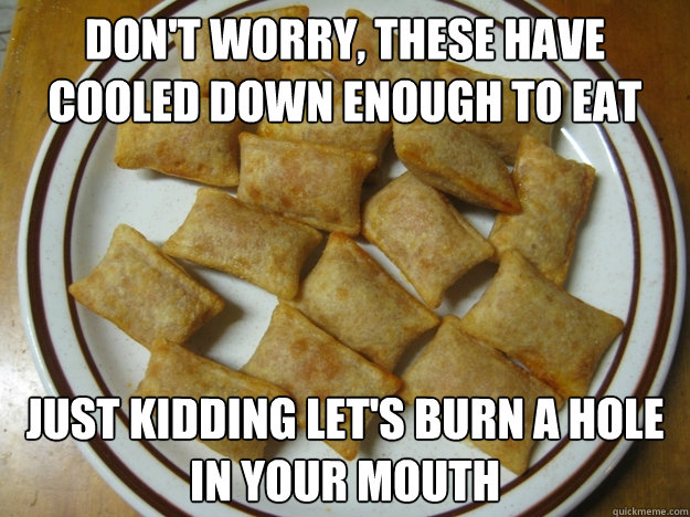 Don't worry, these have cooled down enough to eat Just kidding let's burn a hole in your mouth - Don't worry, these have cooled down enough to eat Just kidding let's burn a hole in your mouth  Scumbag Pizza Rolls