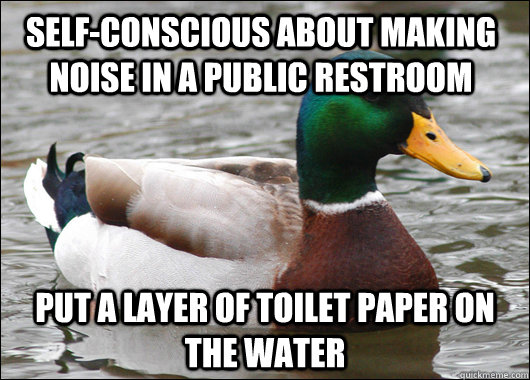 Self-conscious about making noise in a public restroom  Put a layer of toilet paper on the water   Actual Advice Mallard
