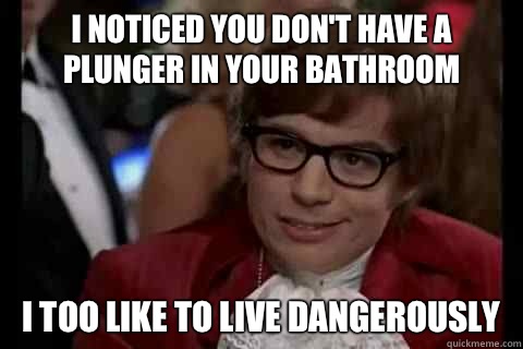 I noticed you don't have a plunger in your bathroom I too like to live dangerously  Dangerously - Austin Powers