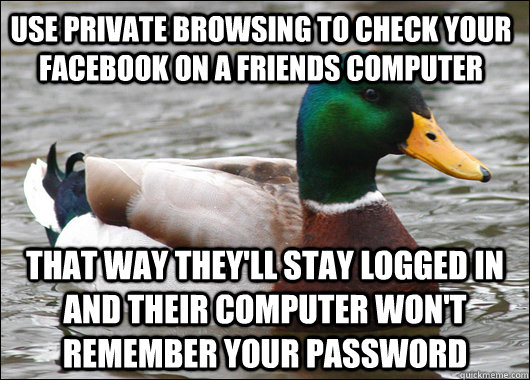 use private browsing to check your facebook on a friends computer that way they'll stay logged in and their computer won't remember your password - use private browsing to check your facebook on a friends computer that way they'll stay logged in and their computer won't remember your password  Actual Advice Mallard