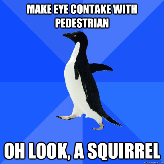 Make eye contake with pedestrian Oh look, a squirrel  Socially Awkward Penguin