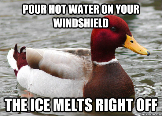 Pour hot water on your windshield  the ice melts right off  Malicious Advice Mallard
