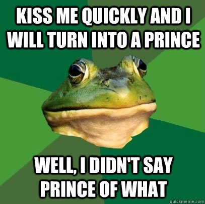 Kiss me quickly and I will turn into a prince Well, I didn't say prince of what  Foul Bachelor Frog