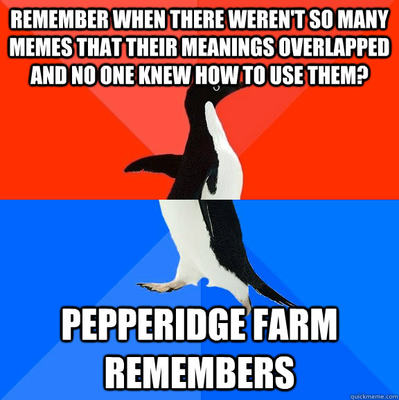 Remember when there weren't so many memes that their meanings overlapped and no one knew how to use them? Pepperidge farm remembers  Socially Awesome Awkward Penguin