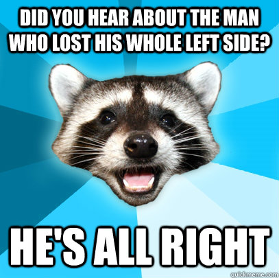 DID YOU HEAR ABOUT THE MAN WHO LOST HIS WHOLE LEFT SIDE? HE'S ALL RIGHT  Lame Pun Coon