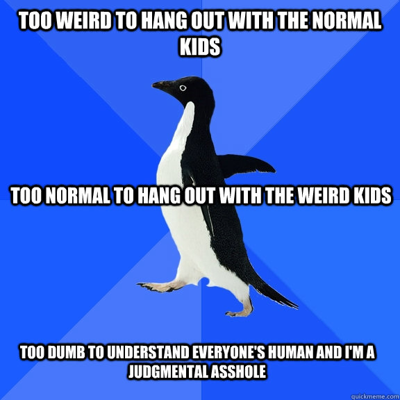 Too weird to hang out with the normal kids  Too normal to hang out with the weird kids Too dumb to understand everyone's human and I'm a judgmental asshole  Socially Awkward Penguin