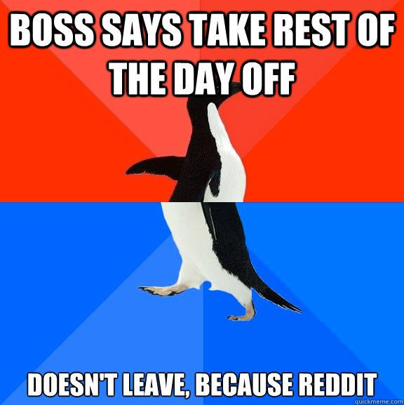 Boss says take rest of the day off doesn't leave, because reddit  Socially Awesome Awkward Penguin