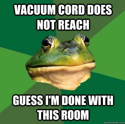 vacuum cord does not reach guess i'm done with this room  Foul Bachelor Frog