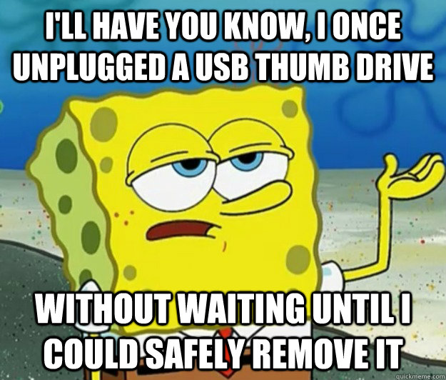 I'll have you know, I once unplugged a USB thumb drive Without waiting until I could safely remove it - I'll have you know, I once unplugged a USB thumb drive Without waiting until I could safely remove it  Tough Spongebob