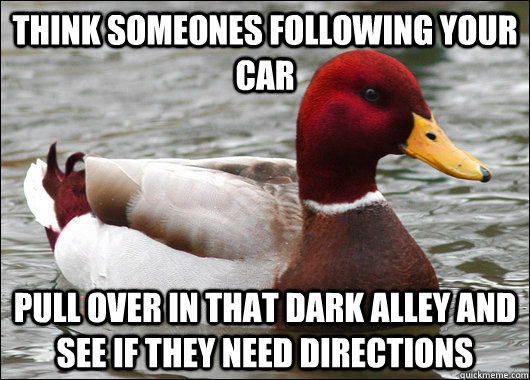 Think someones following your car Pull over in that dark alley and see if they need directions  Malicious Advice Mallard