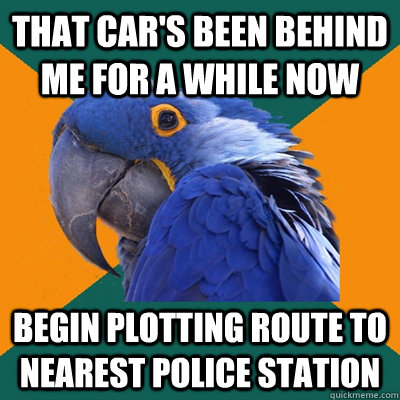 that car's been behind me for a while now begin plotting route to nearest police station  Paranoid Parrot