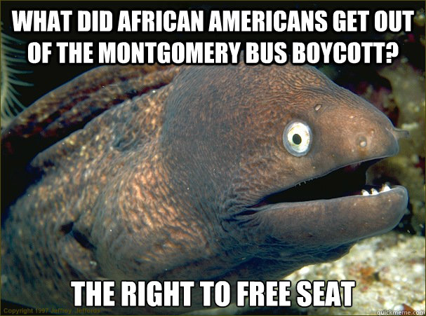 What did african americans get out of the montgomery bus boycott? The right to free seat  Bad Joke Eel