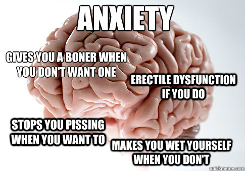 Anxiety Gives you a boner when                       you don't want one Erectile dysfunction if you do Stops you pissing when you want to Makes you wet yourself when you don't  Scumbag Brain