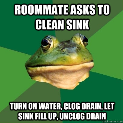 Roommate asks to clean sink turn on water, clog drain, let sink fill up, unclog drain - Roommate asks to clean sink turn on water, clog drain, let sink fill up, unclog drain  Foul Bachelor Frog