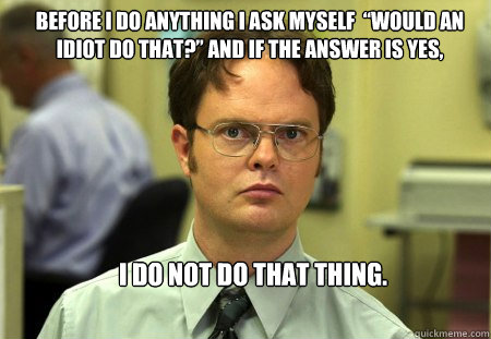 Before I do anything I ask myself  “Would an idiot do that?” And if the answer is yes, I do not do that thing.  Schrute