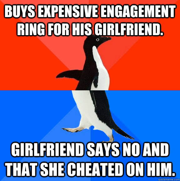 Buys expensive engagement ring for his girlfriend. Girlfriend says no and that she cheated on him.  Socially Awesome Awkward Penguin